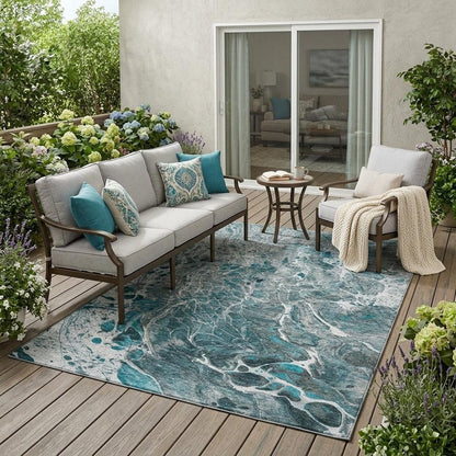 5' X 8' Teal Blue And Gray Abstract Washable Indoor Outdoor Area Rug HomeRoots