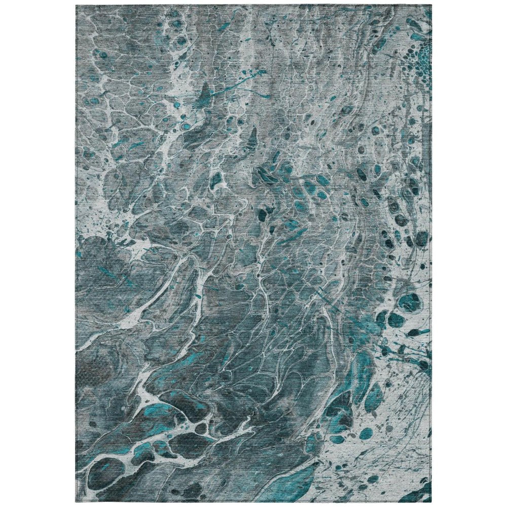5' X 8' Teal Blue And Gray Abstract Washable Indoor Outdoor Area Rug — view 8