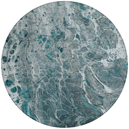 8' Teal Blue And Gray Round Abstract Washable Indoor Outdoor Area Rug HomeRoots