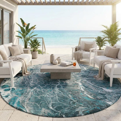 8' Teal Blue And Gray Round Abstract Washable Indoor Outdoor Area Rug HomeRoots
