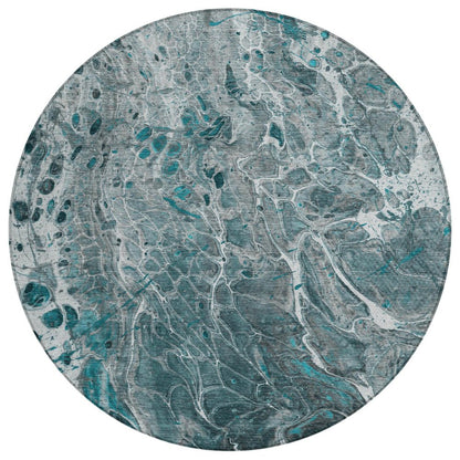 8' Teal Blue And Gray Round Abstract Washable Indoor Outdoor Area Rug HomeRoots