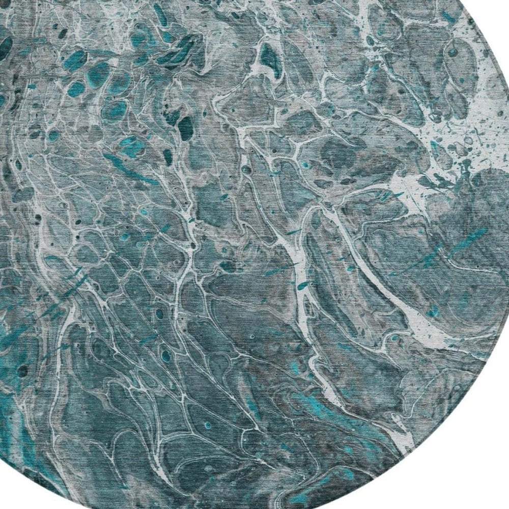 8' Teal Blue And Gray Round Abstract Washable Indoor Outdoor Area Rug HomeRoots