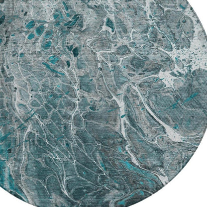 8' Teal Blue And Gray Round Abstract Washable Indoor Outdoor Area Rug HomeRoots