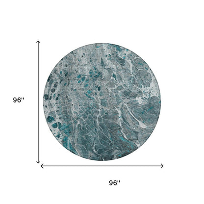 8' Teal Blue And Gray Round Abstract Washable Indoor Outdoor Area Rug HomeRoots