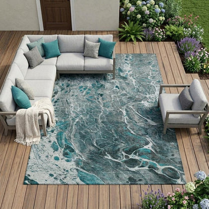 8' X 10' Teal Blue And Gray Abstract Washable Indoor Outdoor Area Rug HomeRoots