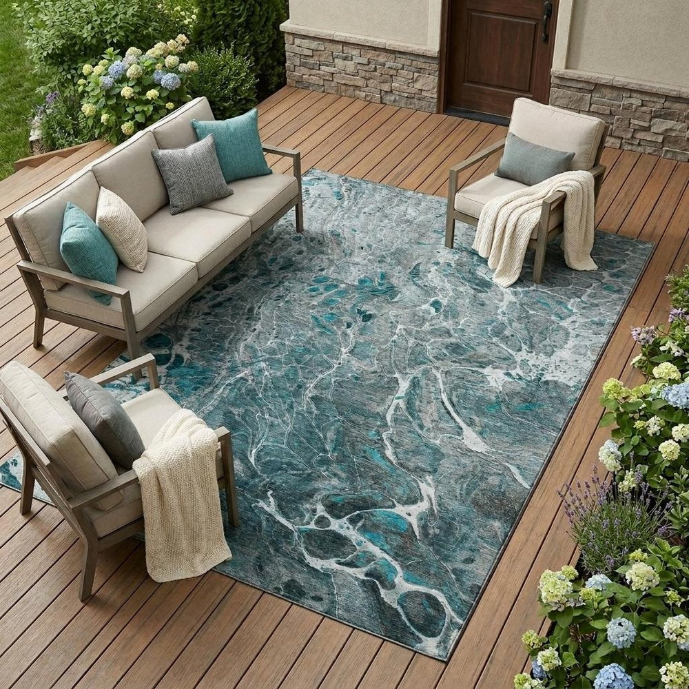 9' X 12' Teal Blue And Gray Abstract Washable Indoor Outdoor Area Rug — view 5