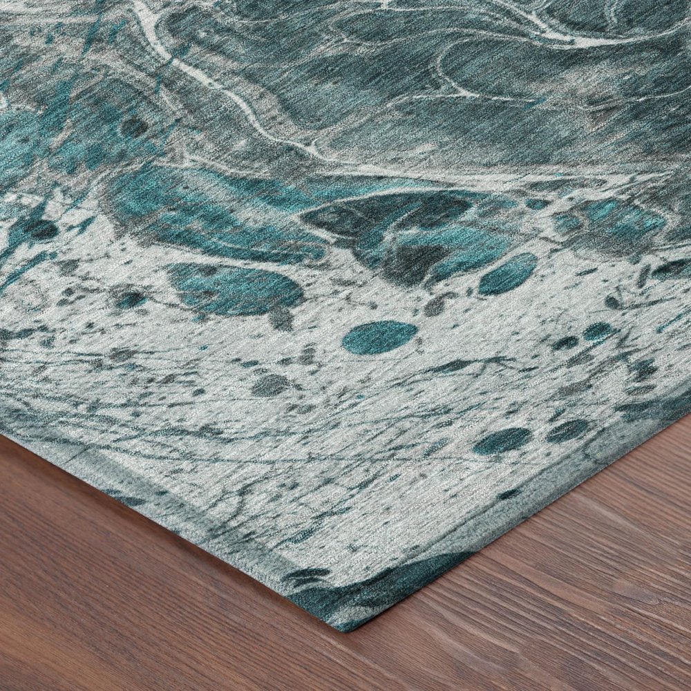 9' X 12' Teal Blue And Gray Abstract Washable Indoor Outdoor Area Rug — view 2