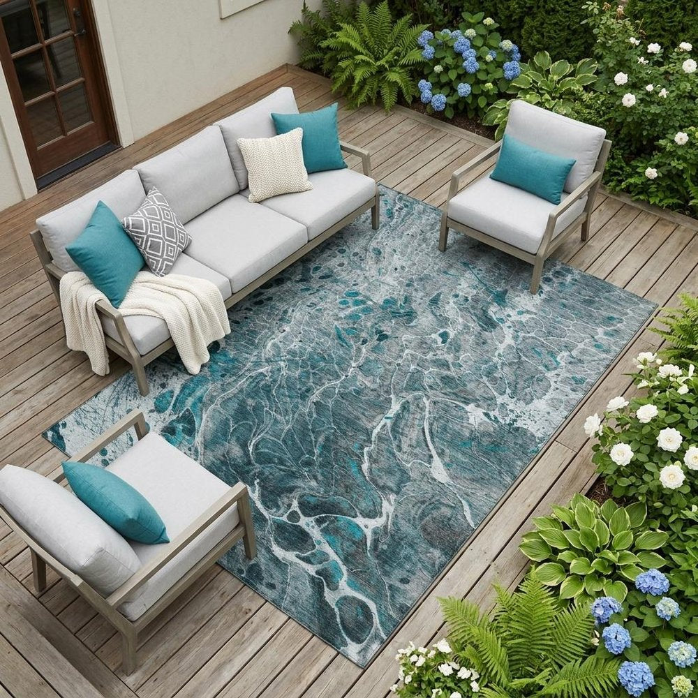 10' X 14' Teal Blue And Gray Abstract Washable Indoor Outdoor Area Rug HomeRoots
