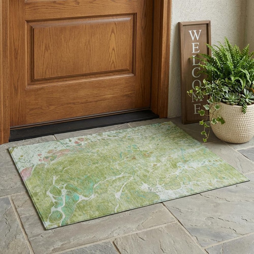 3' X 5' Green And Ivory Abstract Washable Indoor Outdoor Area Rug HomeRoots