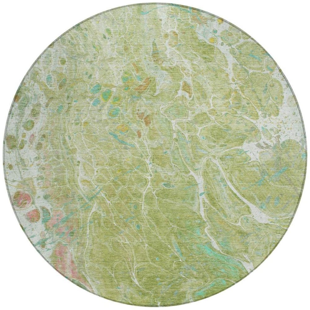 8' Green And Ivory Round Abstract Washable Indoor Outdoor Area Rug HomeRoots