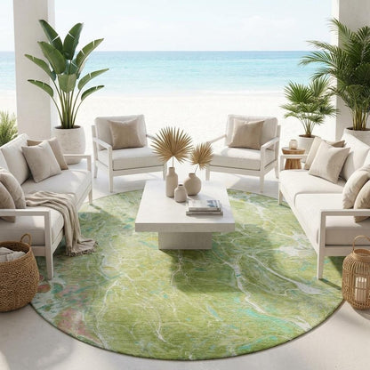 8' Green And Ivory Round Abstract Washable Indoor Outdoor Area Rug HomeRoots