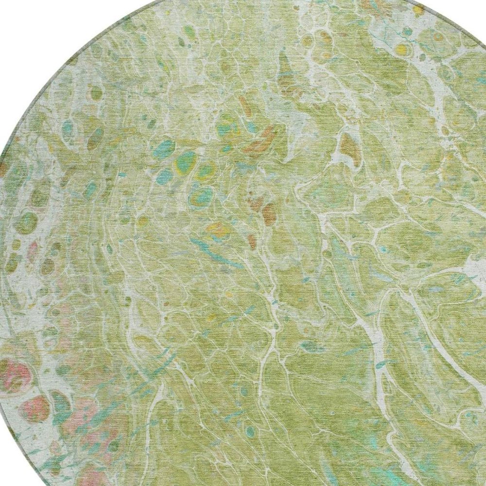 8' Green And Ivory Round Abstract Washable Indoor Outdoor Area Rug — view 5