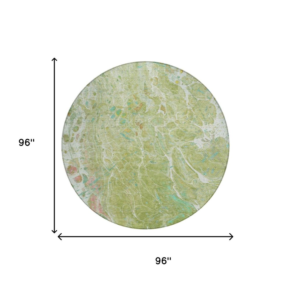 8' Green And Ivory Round Abstract Washable Indoor Outdoor Area Rug — view 4
