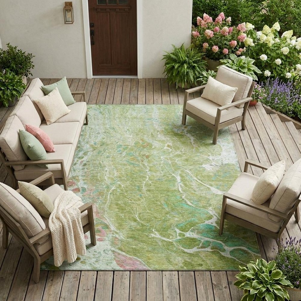 8' X 10' Green And Ivory Abstract Washable Indoor Outdoor Area Rug HomeRoots