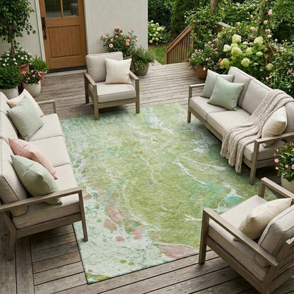 9' X 12' Green And Ivory Abstract Washable Indoor Outdoor Area Rug