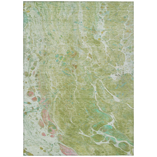 9' X 12' Green And Ivory Abstract Washable Indoor Outdoor Area Rug