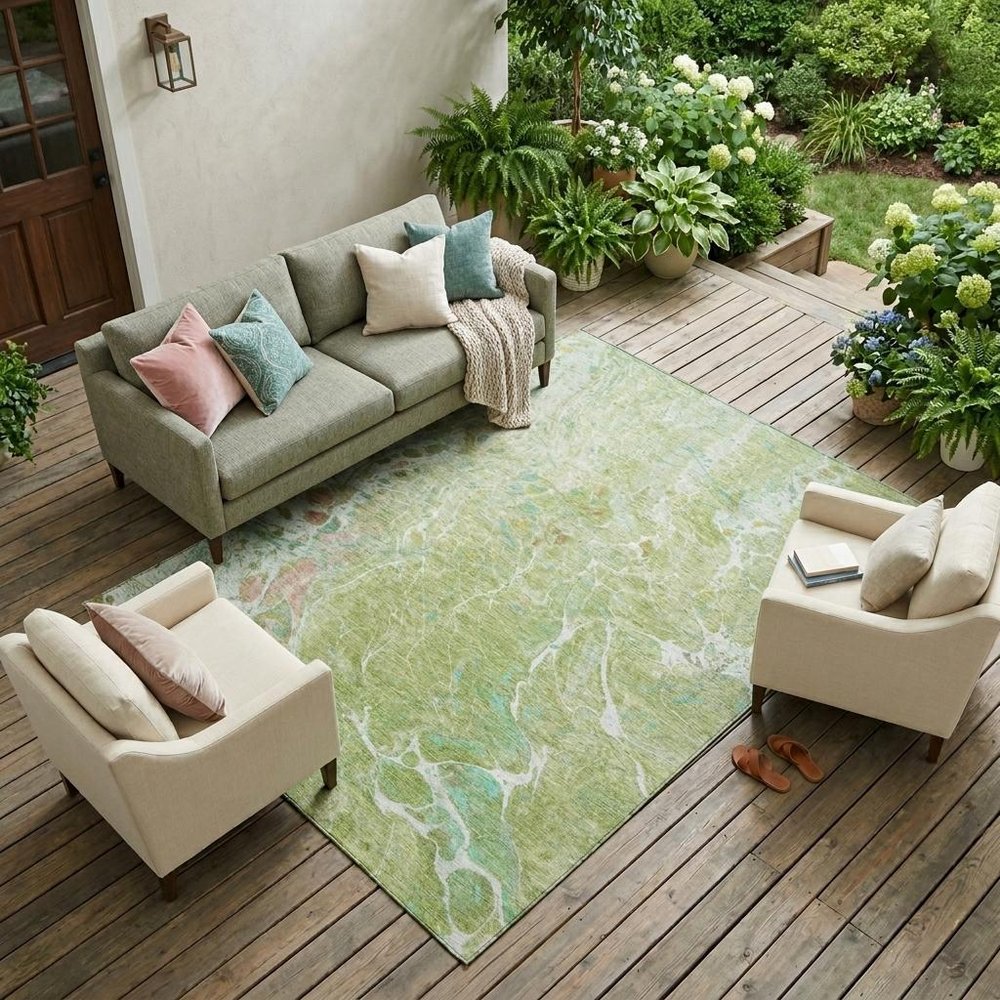 10' X 14' Green And Ivory Abstract Washable Indoor Outdoor Area Rug HomeRoots