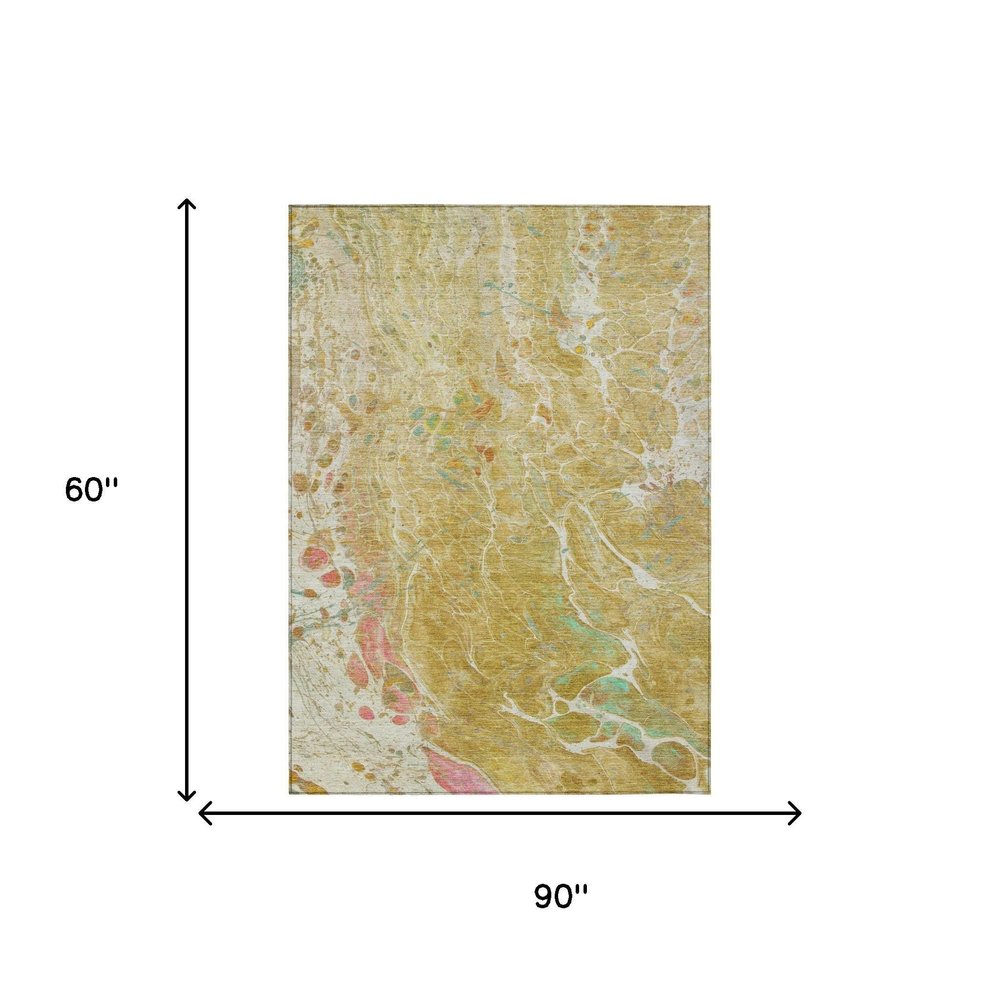 5' X 8' Gold And Wheat Abstract Washable Indoor Outdoor Area Rug HomeRoots