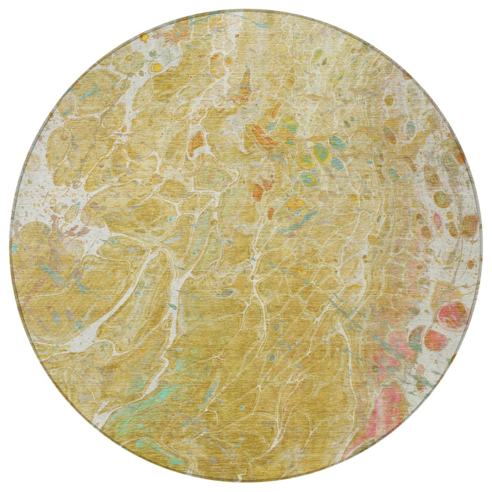 8' Gold And Wheat Round Abstract Washable Indoor Outdoor Area Rug — view 6