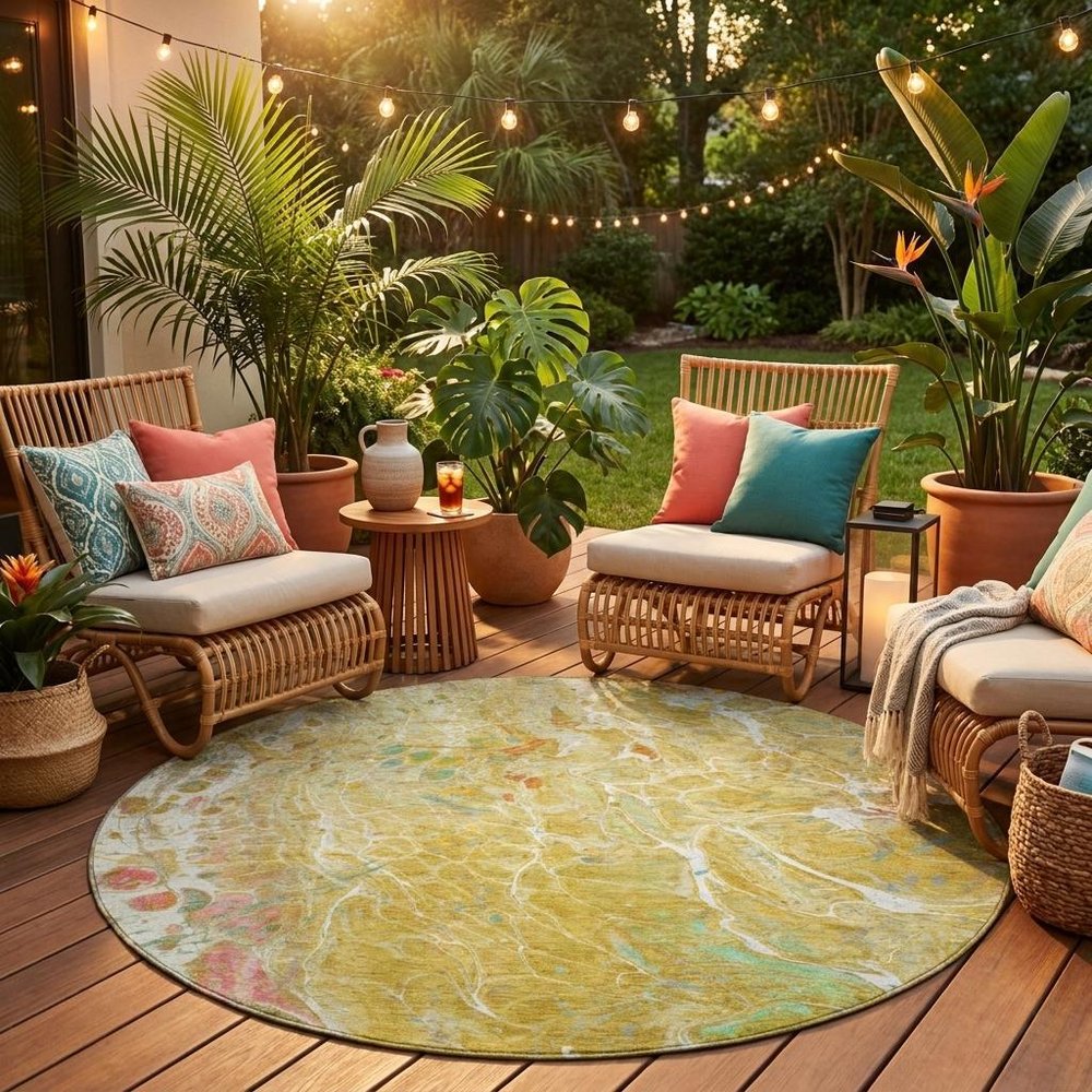 8' Gold And Wheat Round Abstract Washable Indoor Outdoor Area Rug — view 7