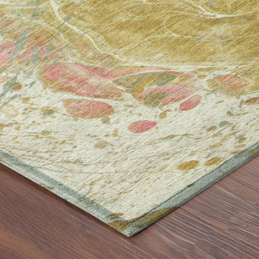 9' X 12' Gold And Wheat Abstract Washable Indoor Outdoor Area Rug