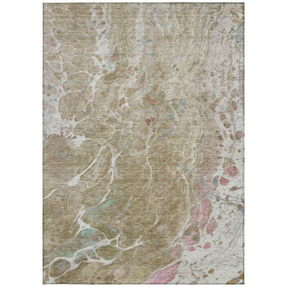 5' X 8' Khaki And Brown Abstract Washable Indoor Outdoor Area Rug
