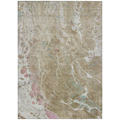 5' X 8' Khaki And Brown Abstract Washable Indoor Outdoor Area Rug