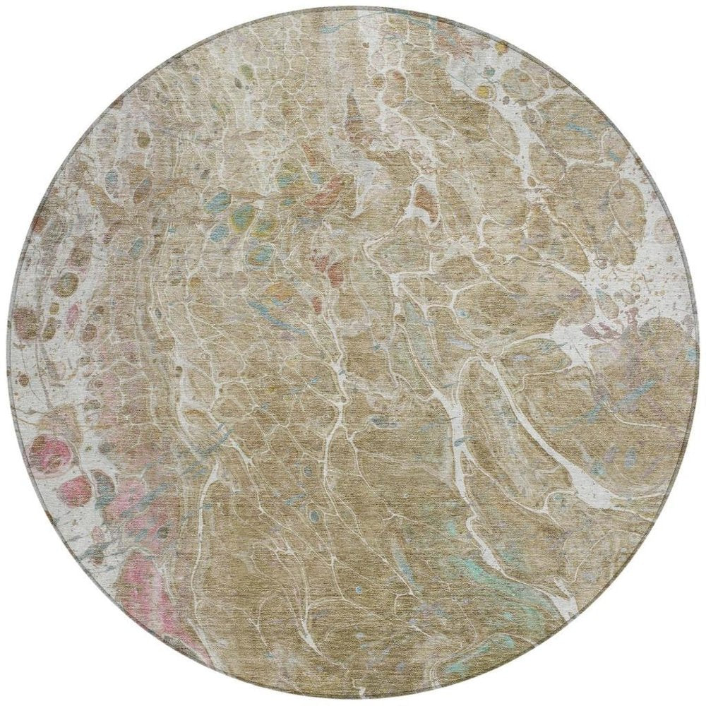 8' Khaki And Brown Round Abstract Washable Indoor Outdoor Area Rug — view 6