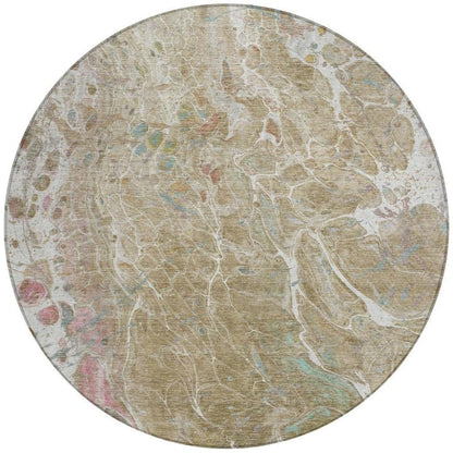 8' Khaki And Brown Round Abstract Washable Indoor Outdoor Area Rug HomeRoots