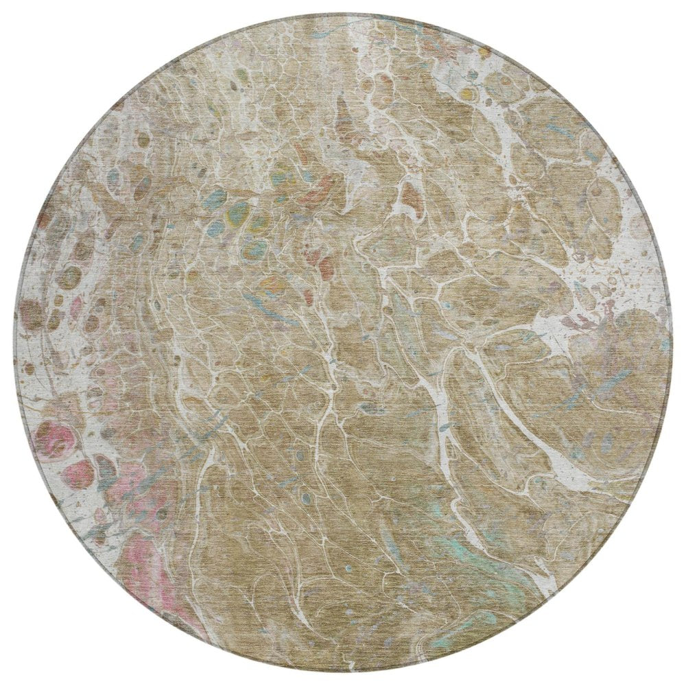 8' Khaki And Brown Round Abstract Washable Indoor Outdoor Area Rug HomeRoots