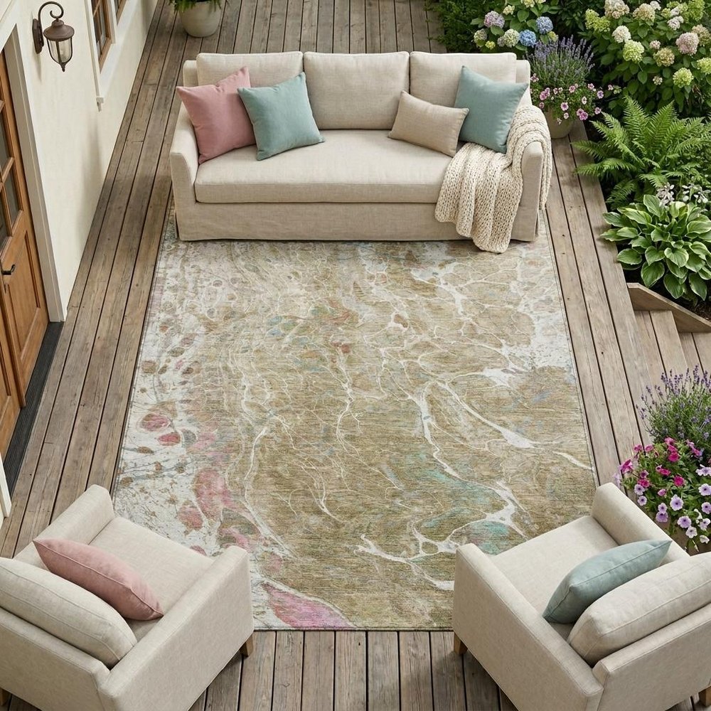 9' X 12' Khaki And Brown Abstract Washable Indoor Outdoor Area Rug — view 5