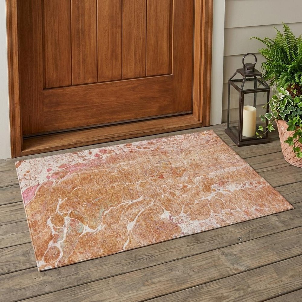 3' X 5' Salmon And Orange Abstract Washable Indoor Outdoor Area Rug — view 5
