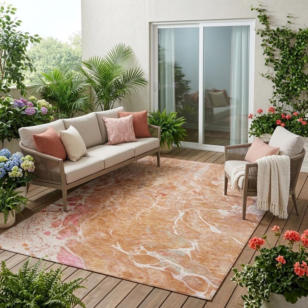 5' X 8' Salmon And Orange Abstract Washable Indoor Outdoor Area Rug — view 5