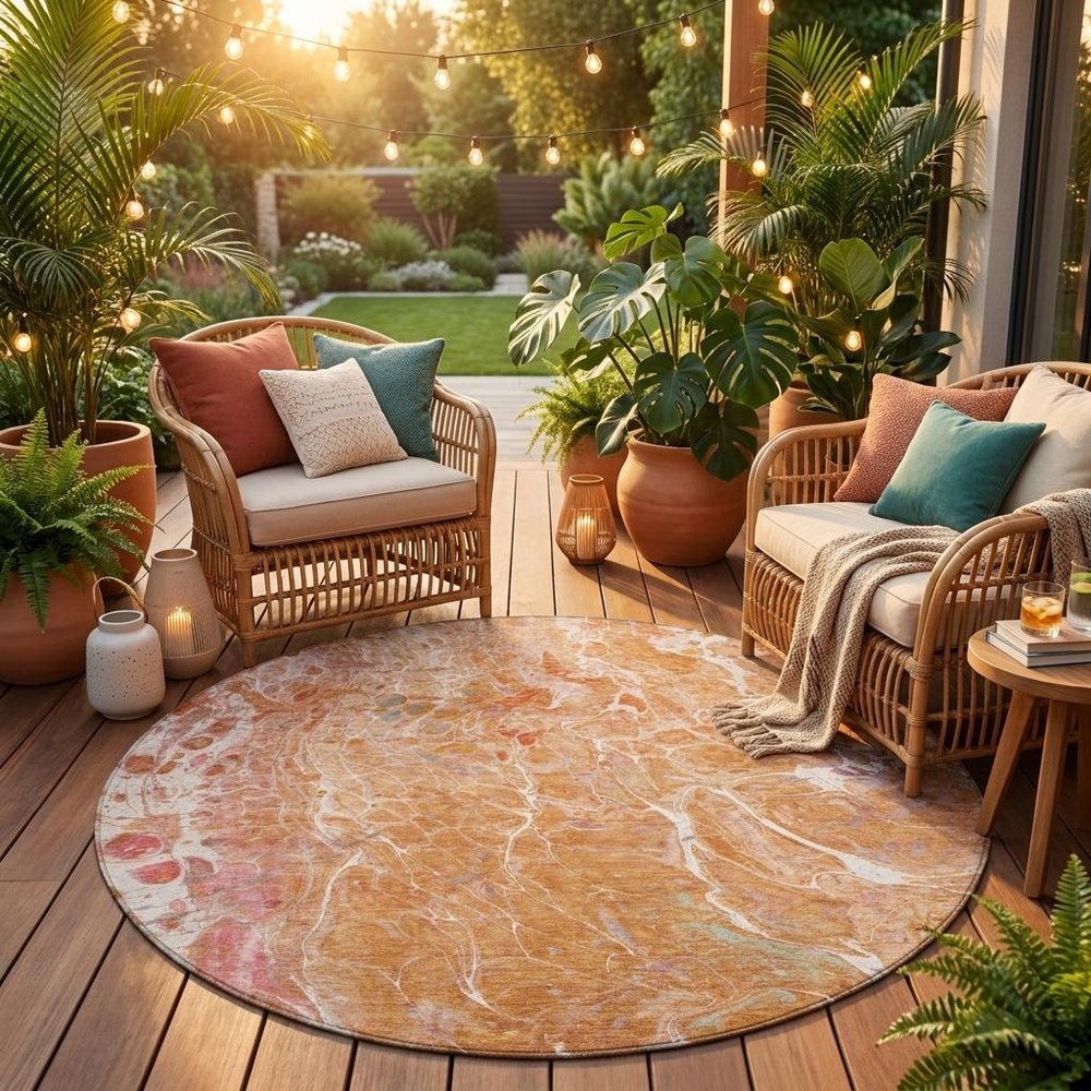 8' Salmon And Orange Round Abstract Washable Indoor Outdoor Area Rug — view 7