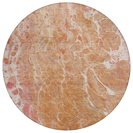 8' Salmon And Orange Round Abstract Washable Indoor Outdoor Area Rug