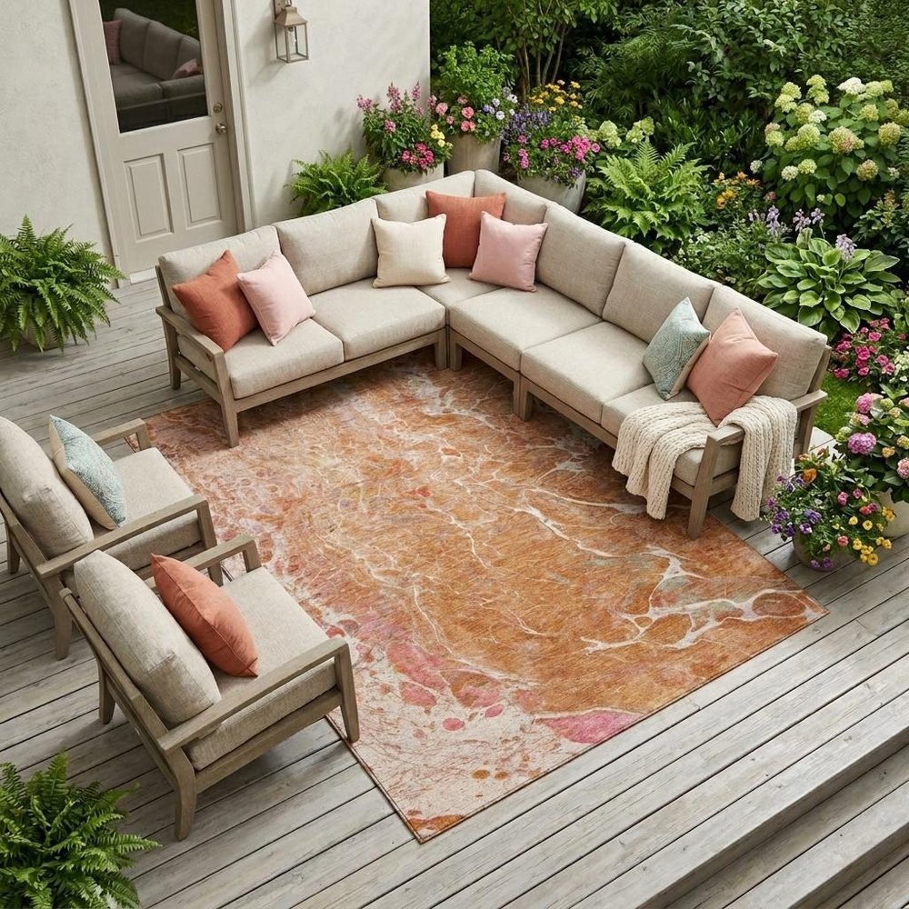 9' X 12' Salmon And Orange Abstract Washable Indoor Outdoor Area Rug — view 5
