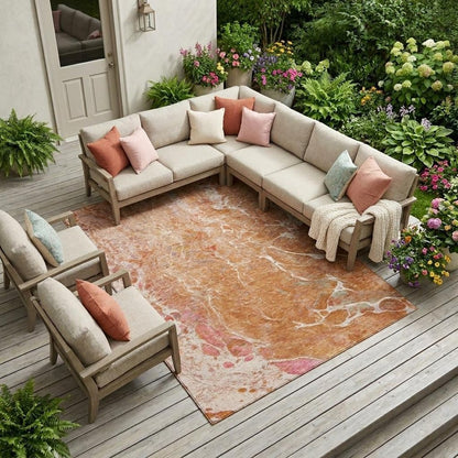 9' X 12' Salmon And Orange Abstract Washable Indoor Outdoor Area Rug