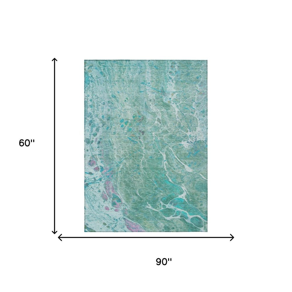 5' X 8' Turquoise And Teal Blue Abstract Washable Indoor Outdoor Area Rug — view 5