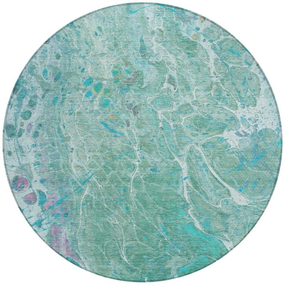 8' Turquoise And Teal Blue Round Abstract Washable Indoor Outdoor Area Rug HomeRoots