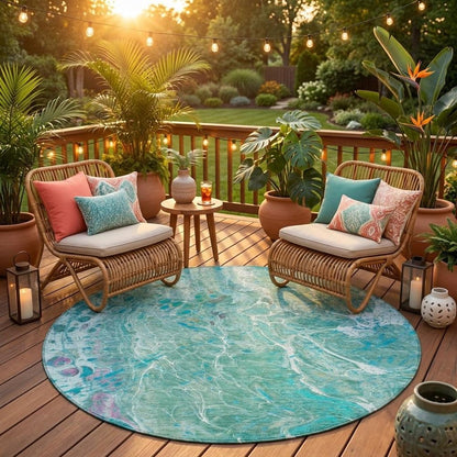 8' Turquoise And Teal Blue Round Abstract Washable Indoor Outdoor Area Rug HomeRoots