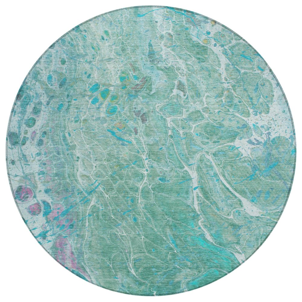 8' Turquoise And Teal Blue Round Abstract Washable Indoor Outdoor Area Rug — view 1