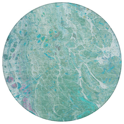 8' Turquoise And Teal Blue Round Abstract Washable Indoor Outdoor Area Rug HomeRoots