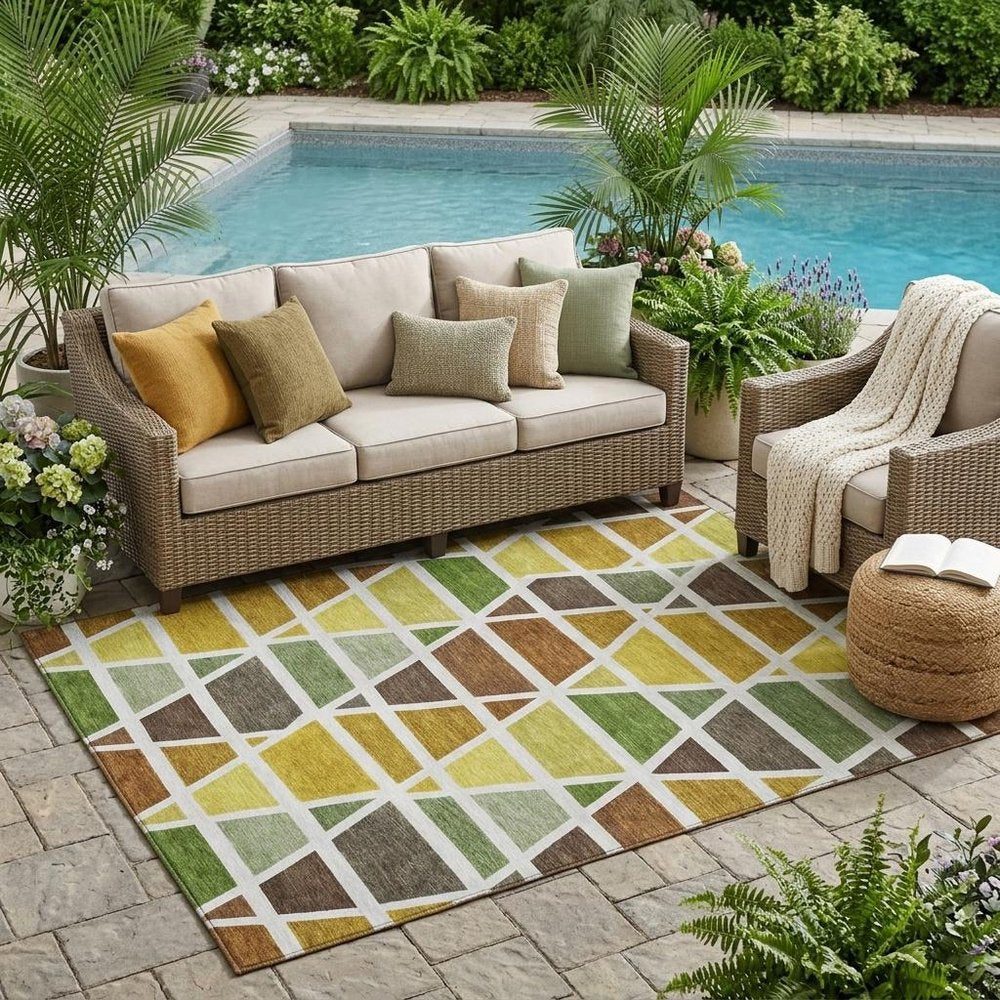 5' X 8' Brown And White Geometric Washable Indoor Outdoor Area Rug — view 5