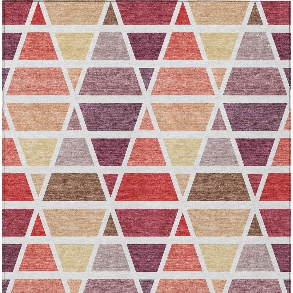 3' X 5' Red And White Geometric Washable Indoor Outdoor Area Rug