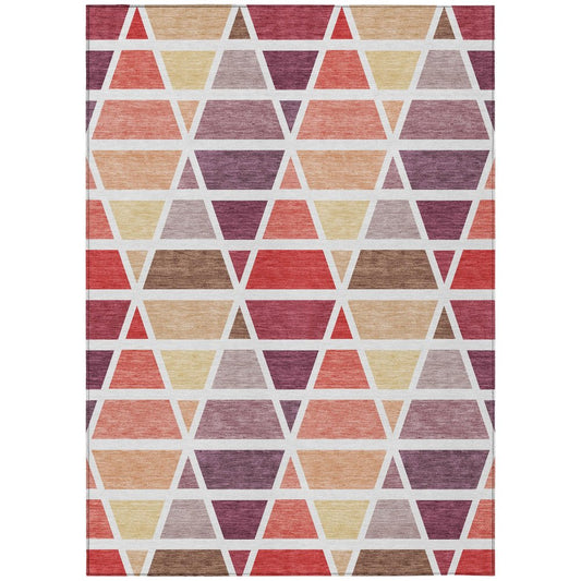 3' X 5' Red And White Geometric Washable Indoor Outdoor Area Rug
