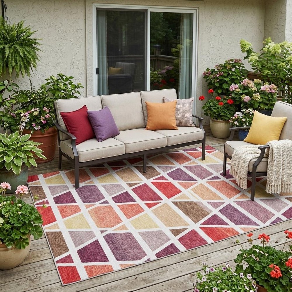 5' X 8' Red And White Geometric Washable Indoor Outdoor Area Rug HomeRoots