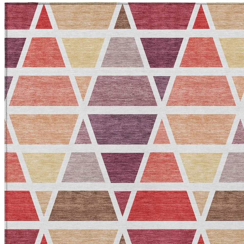 10' X 14' Red And White Geometric Washable Indoor Outdoor Area Rug