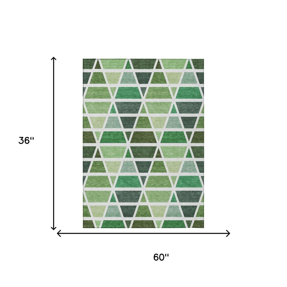 3' X 5' Green And White Geometric Washable Indoor Outdoor Area Rug HomeRoots