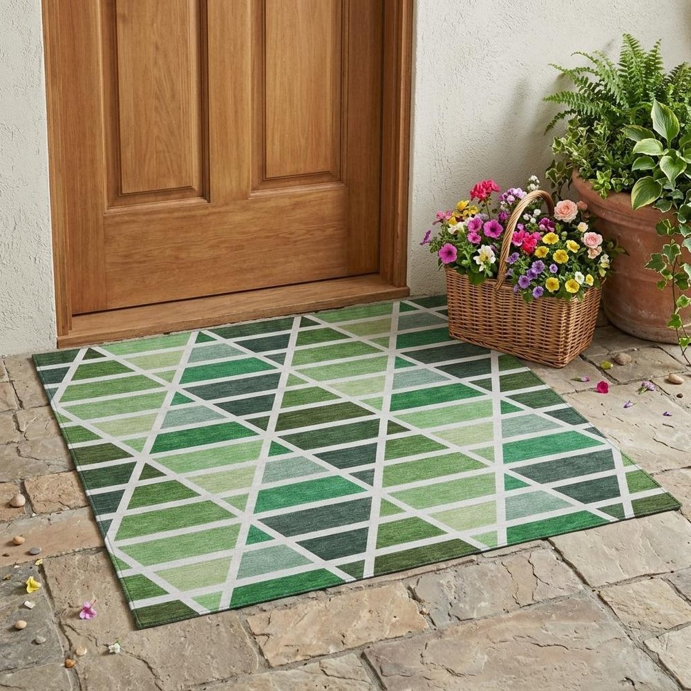 3' X 5' Green And White Geometric Washable Indoor Outdoor Area Rug HomeRoots