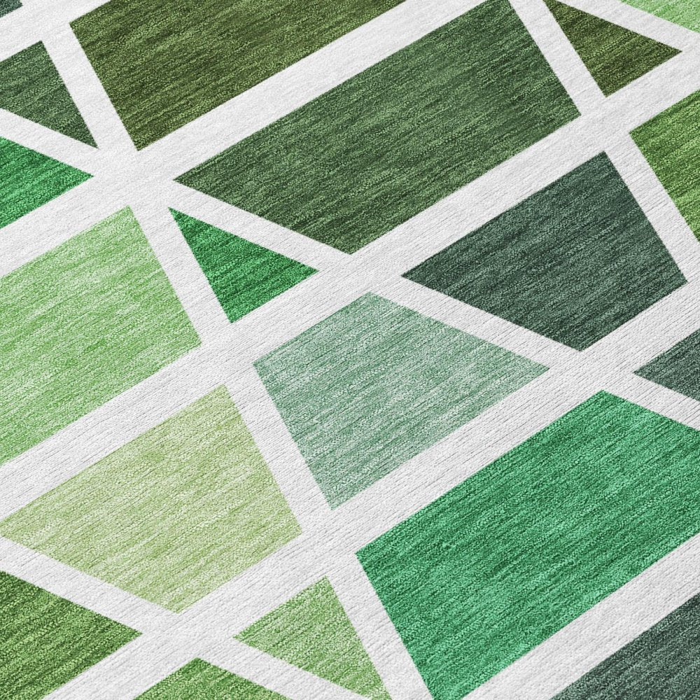 3' X 5' Green And White Geometric Washable Indoor Outdoor Area Rug